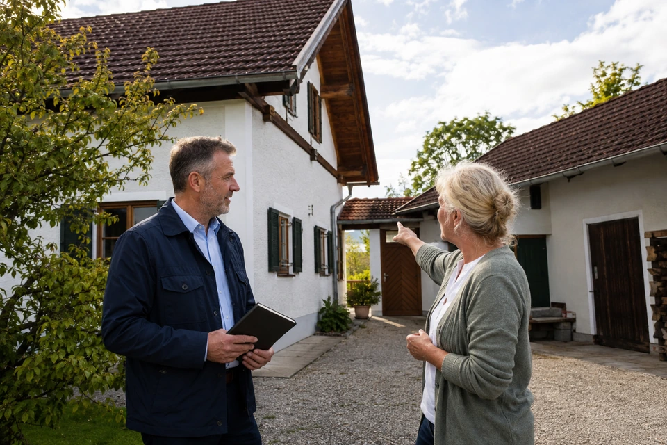 Symbolisches Eigentümergespräch bei einem Anwesen im bayerischen Umland