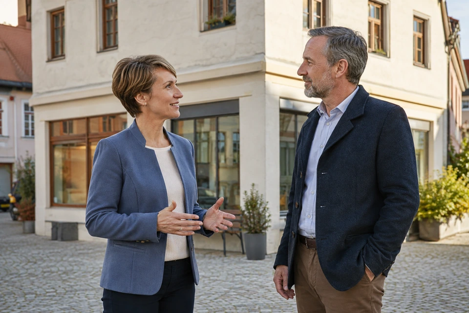 Symbolisches Vertriebsgespräch vor einem sanierten bayerischen Stadthaus